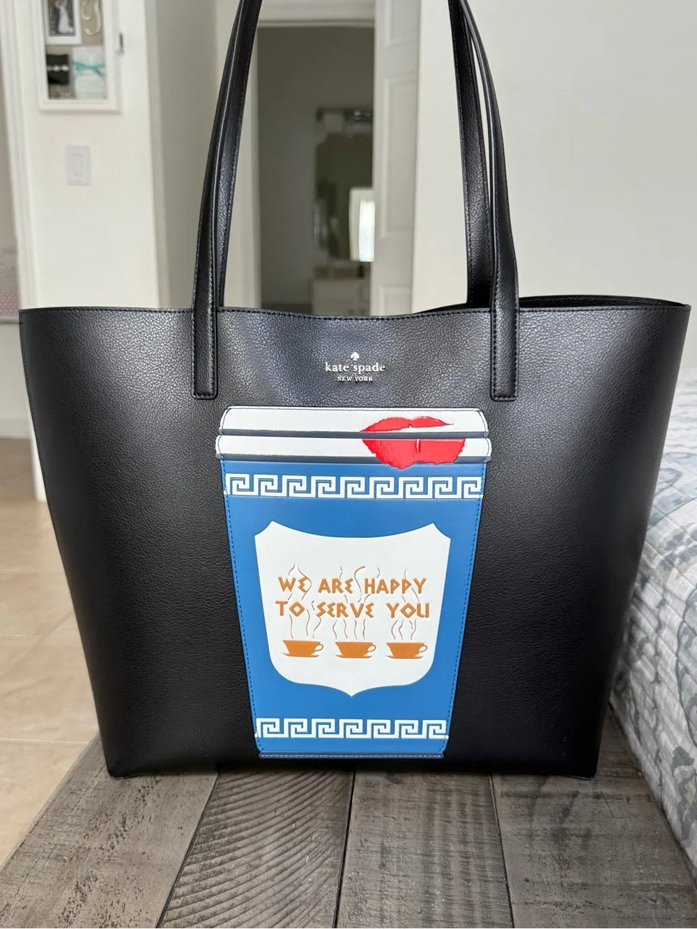 New Kate Spade Novelty Large Leather Coffee Break Tote Bag KF520 Black